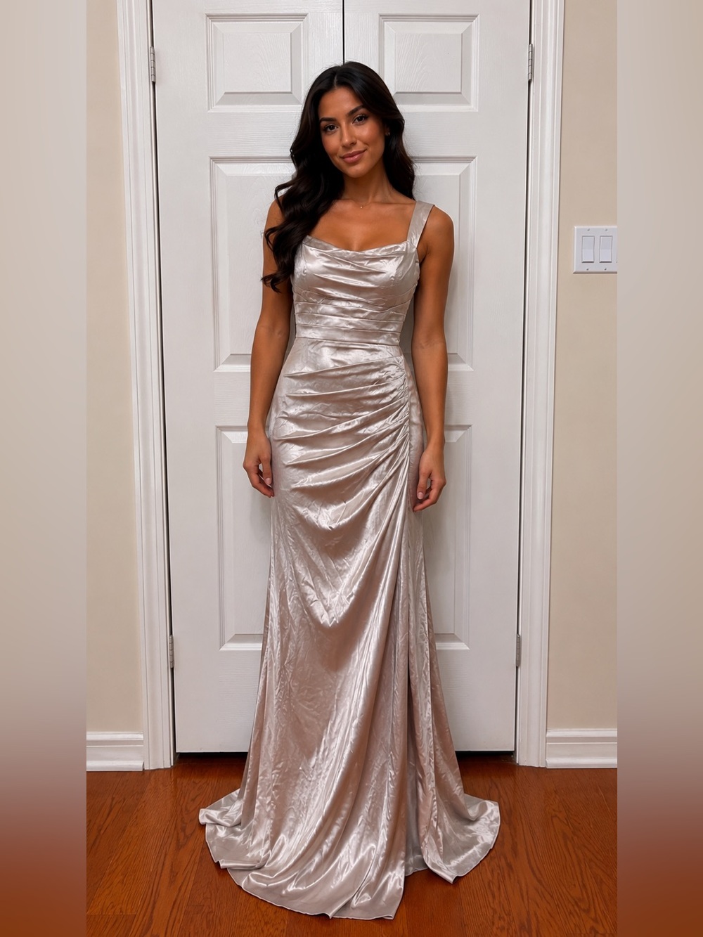 Satin Ruched Evening Gown — Champagne